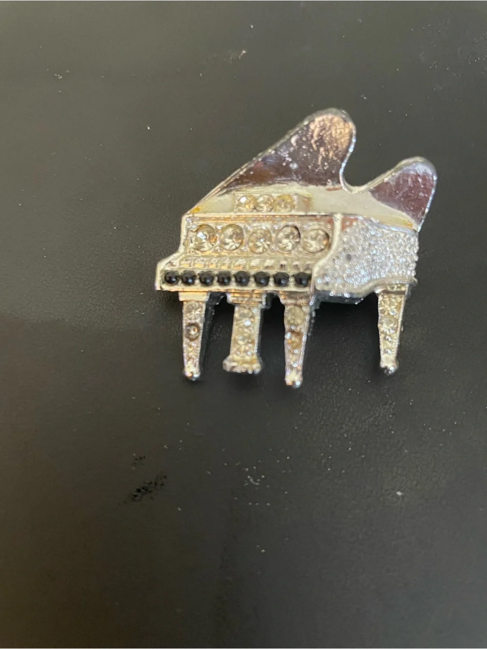 Piano-shaped Rhinestone Brooch - Silver with Black Accents- Unisex